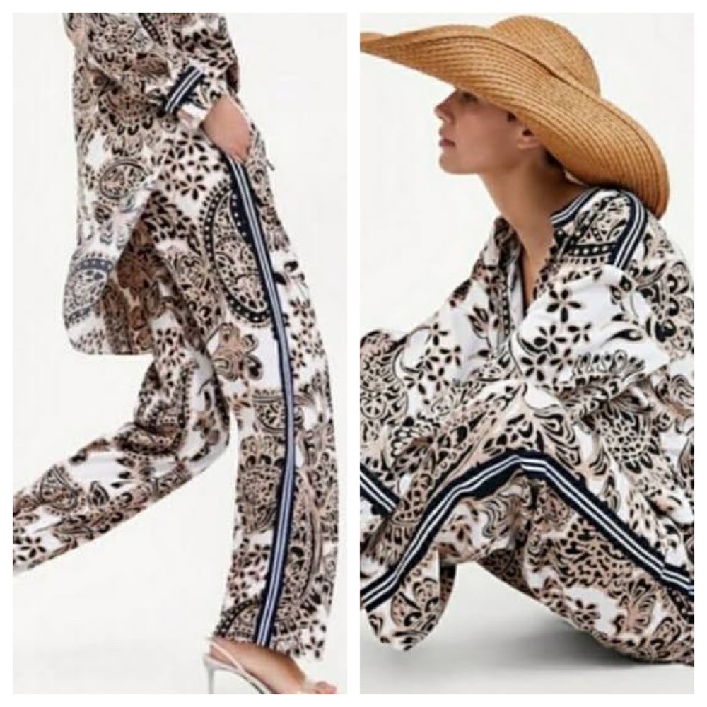 NEW Zara Paisley Print Trousers with Side Stripe